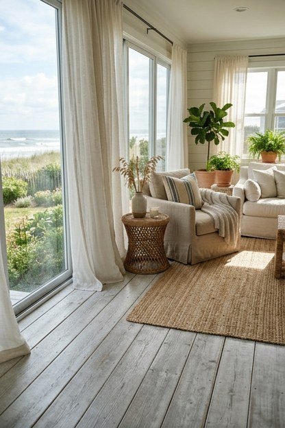 A coastal style sunroom addition with wide plank whitewashed flooring and linen curtains