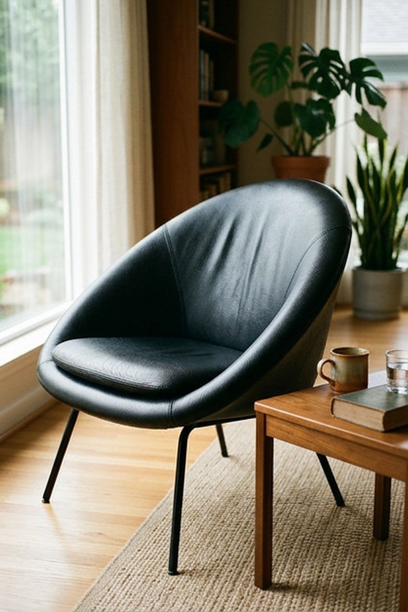 A rounded triangular shell chair with leather upholstery on slim metal legs