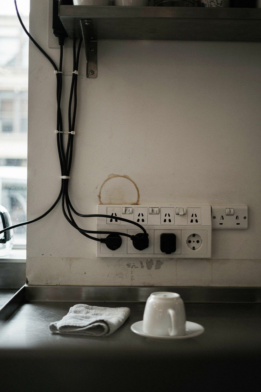 Cables clipped tidily behind a studio coffee counter