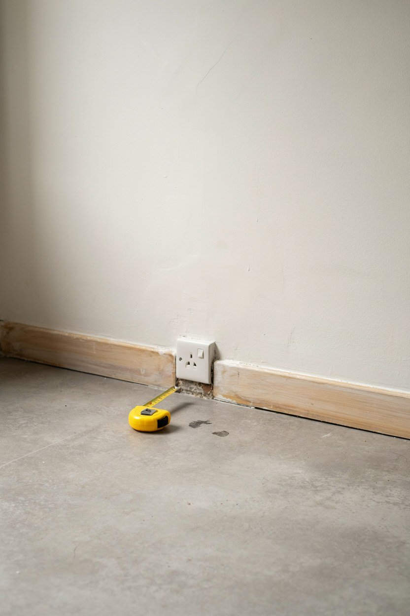 Empty studio corner marked out for a coffee station beside a power socket