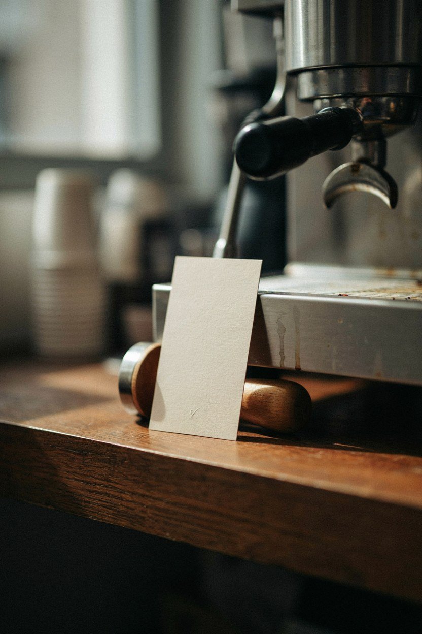 Small standing menu card beside a studio coffee machine