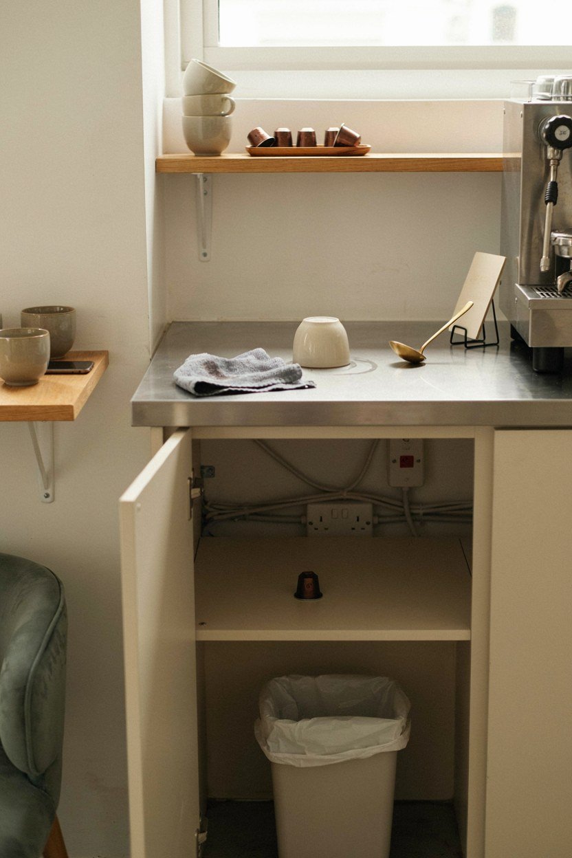 Open shelf holding cups and pods within reach of the coffee machine