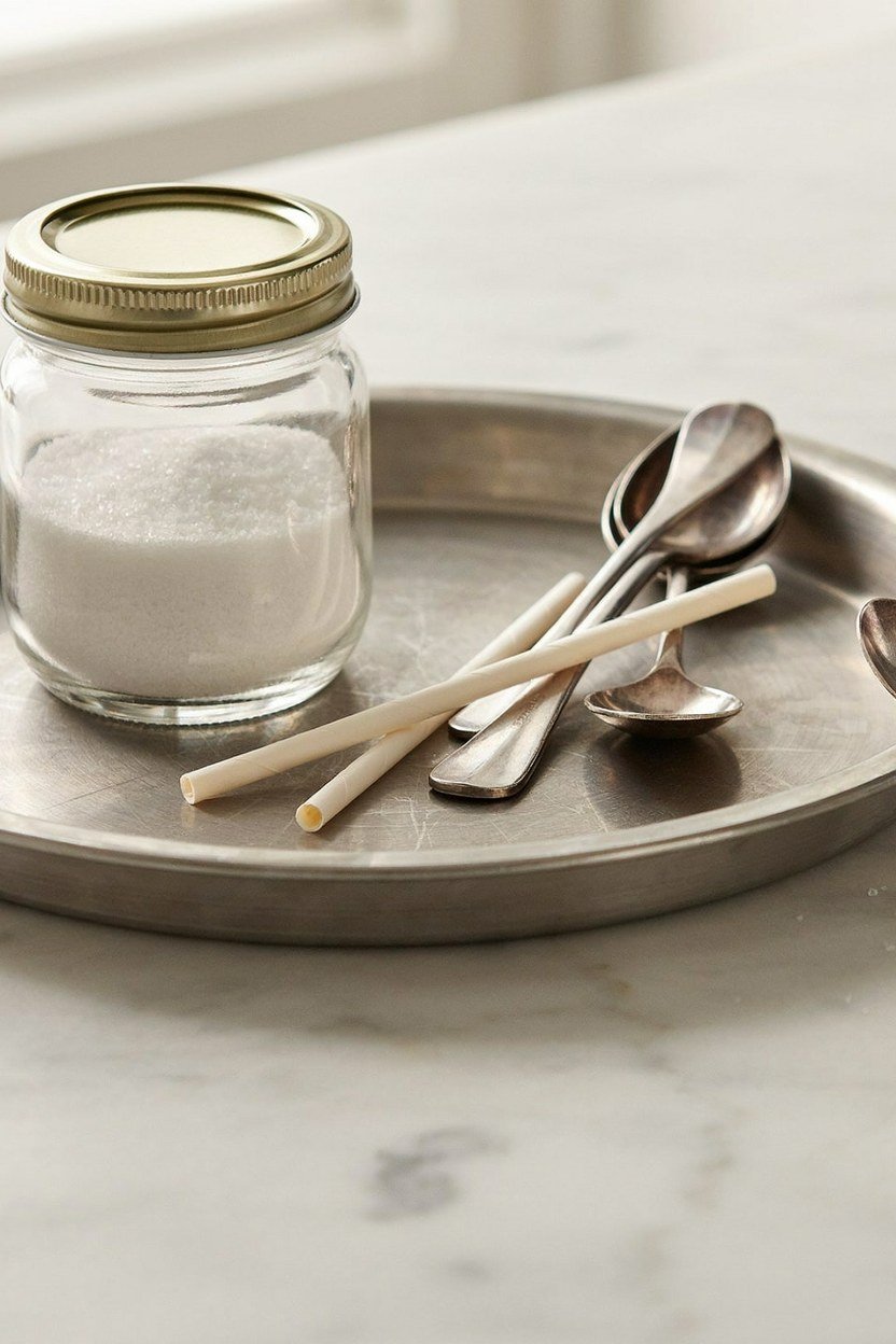 Tray holding sugar, spoons and stirrers on a studio coffee counter
