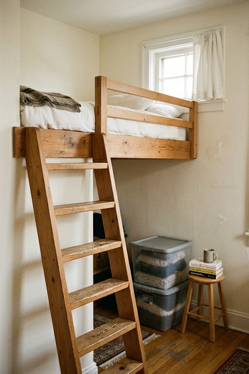 A compact minimal loft bed designed for a very small bedroom
