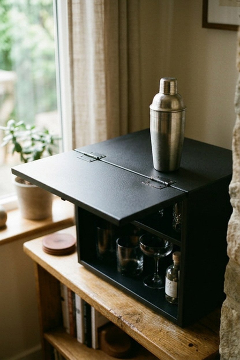 A compact matte black bar cabinet with a fold-out top surface