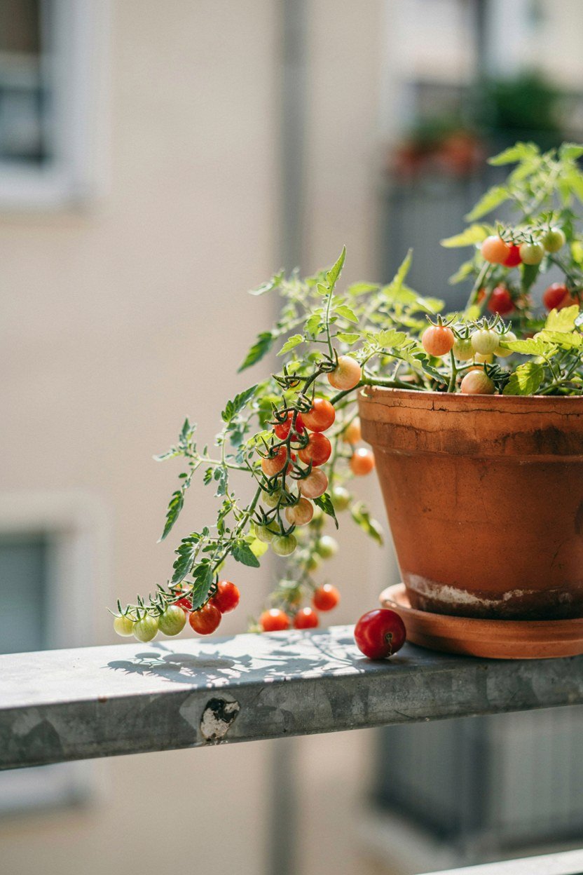 Compact tumbling tomato plant in a balcony pot
