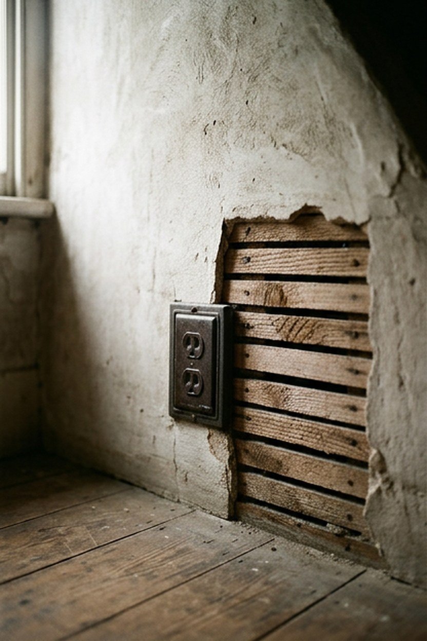 Concealed electrical wiring routed through a Victorian attic wall