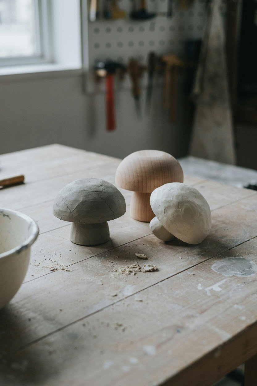 Concrete, clay and timber toadstool pieces laid out for comparison