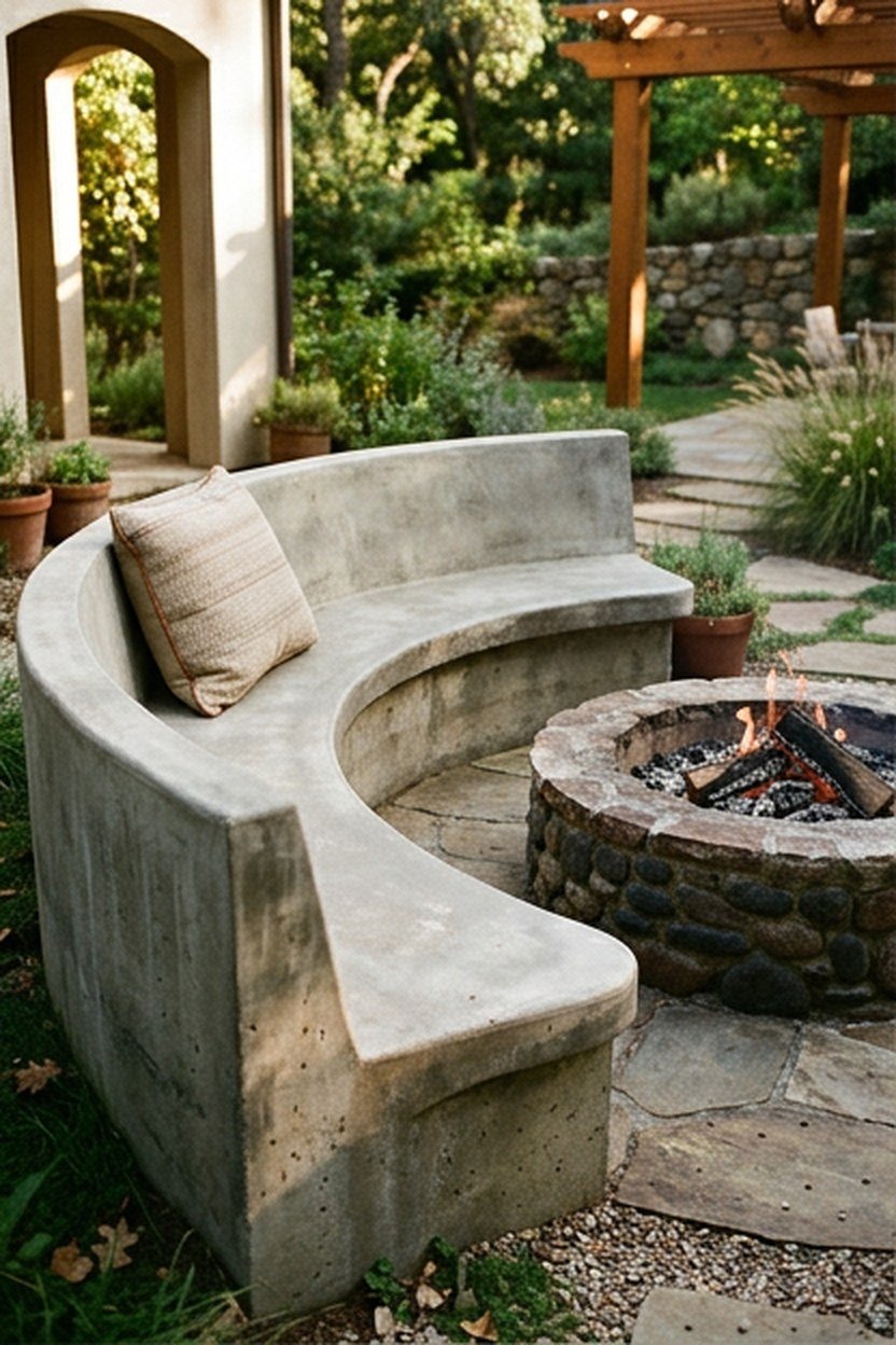 A curved concrete bench built into a backyard fire pit