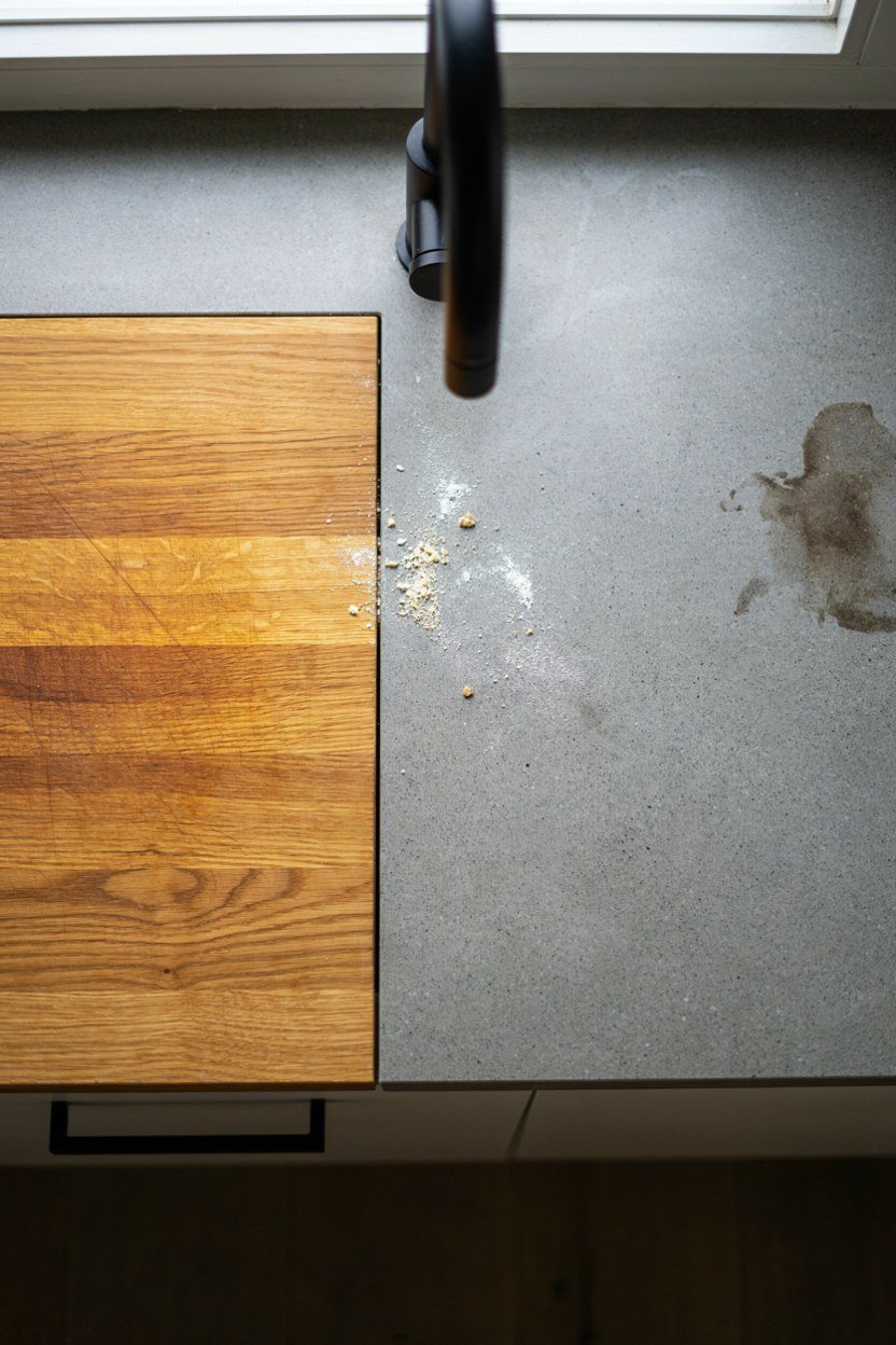 Concrete grey kitchen surfaces with warm timber and black hardware