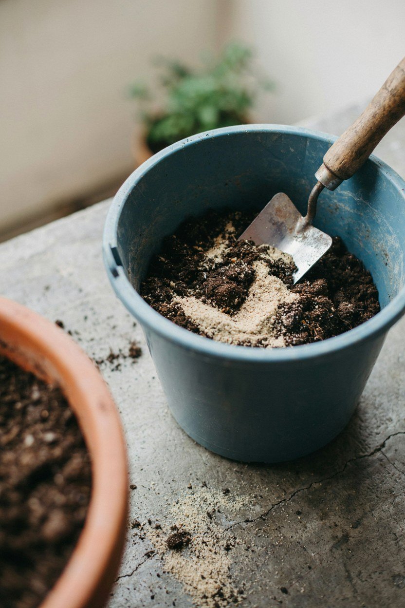 Container compost being mixed with grit in a bucket