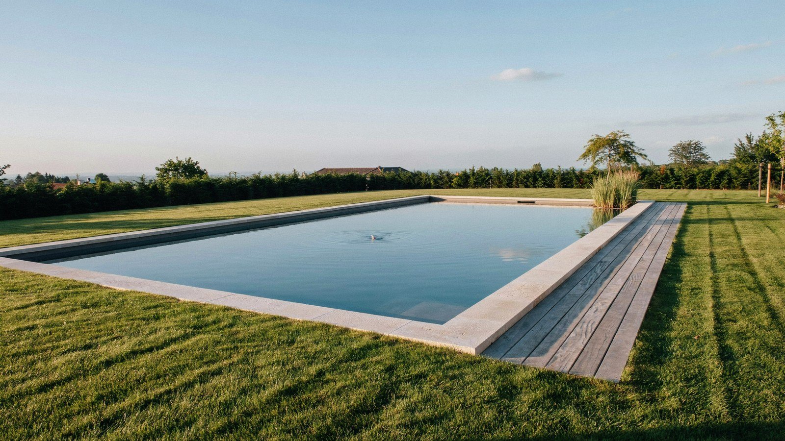 Rectangular contemporary backyard pond with a crisp stone edge