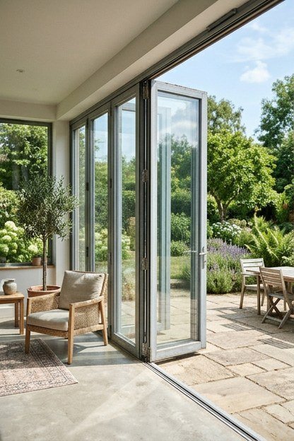 A contemporary sunroom addition with retractable folding glass wall panels open to a patio