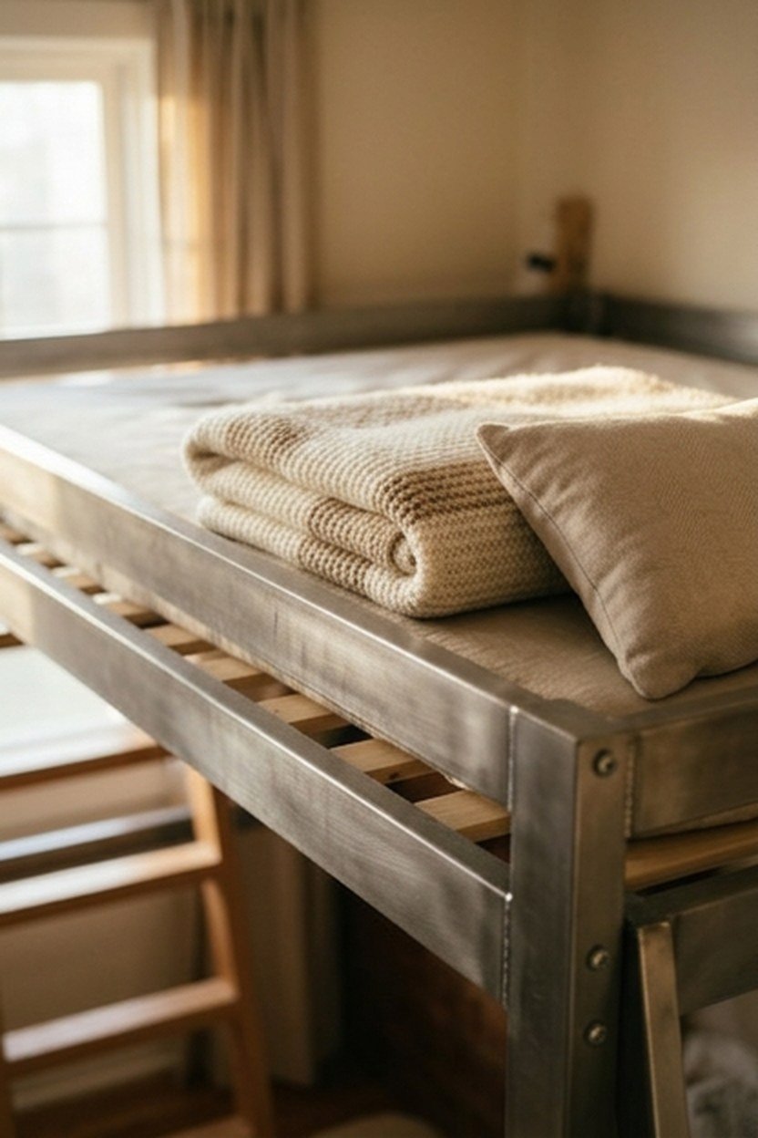 A convertible loft bed frame set at a lowered height configuration
