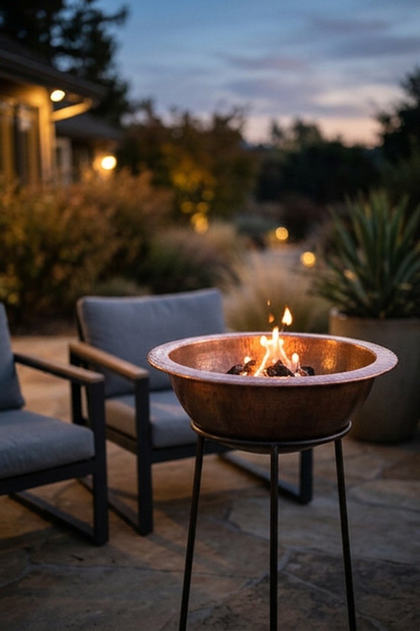 A copper fire bowl on a pedestal base in a backyard