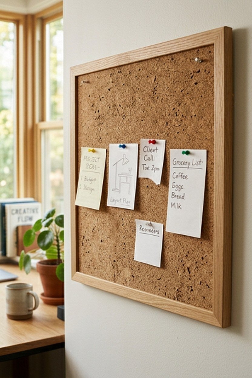 A cork board wall pinned with notes in a home office