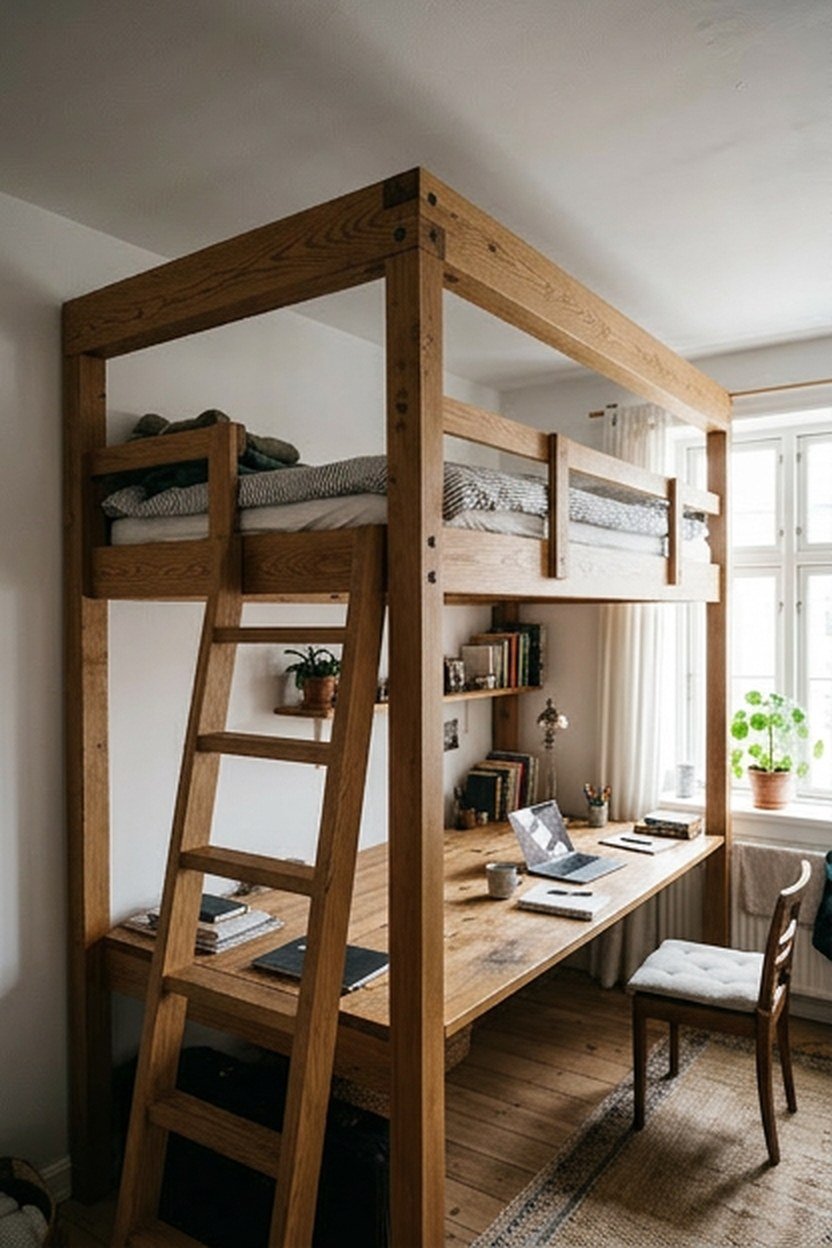 A corner L-shaped loft bed configuration using two walls of a bedroom