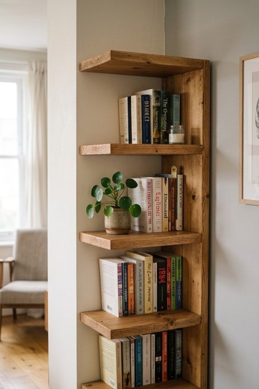 A corner shelving unit using unused space in a studio apartment