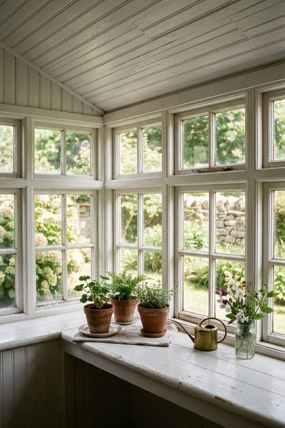 A cottage style sunroom addition with small multi pane windows and a beadboard ceiling