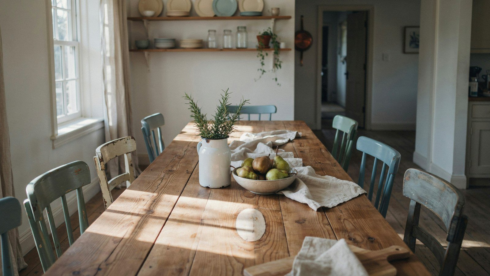 A country kitchen reclaimed wood table styled with a linen runner and a jug of herbs