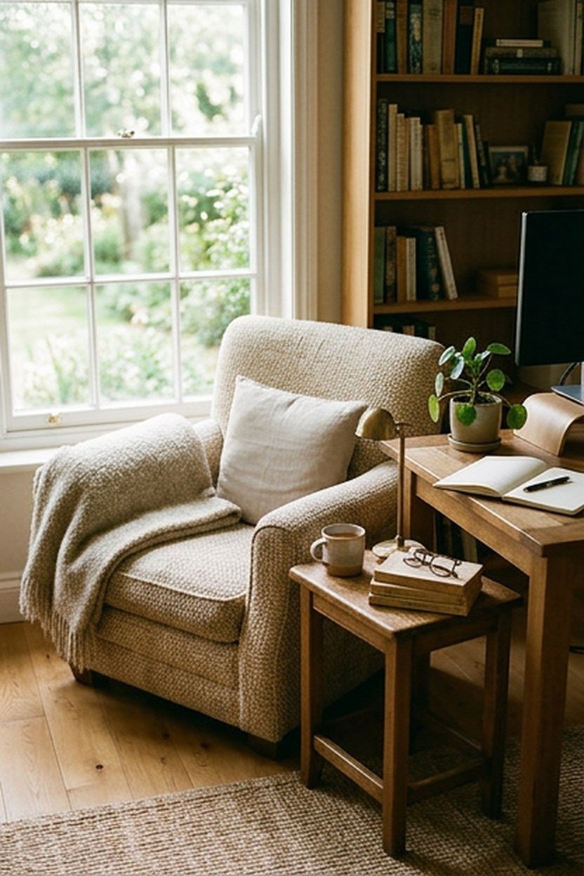 A cozy reading nook with a chair and throw beside a home office desk