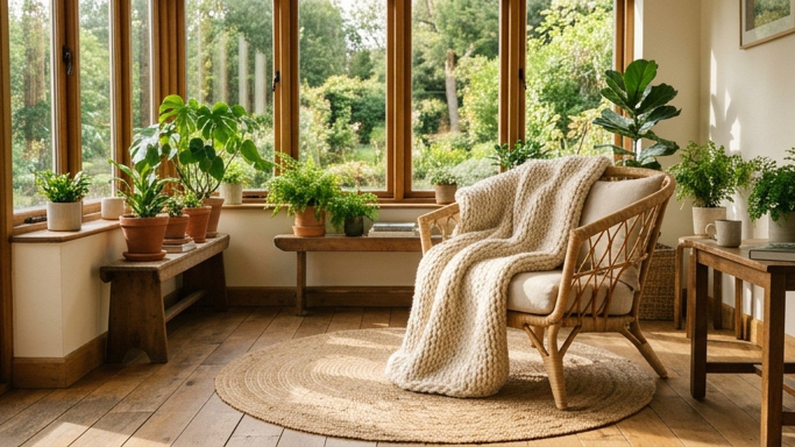 A cozy sunroom styled with soft textures and natural light