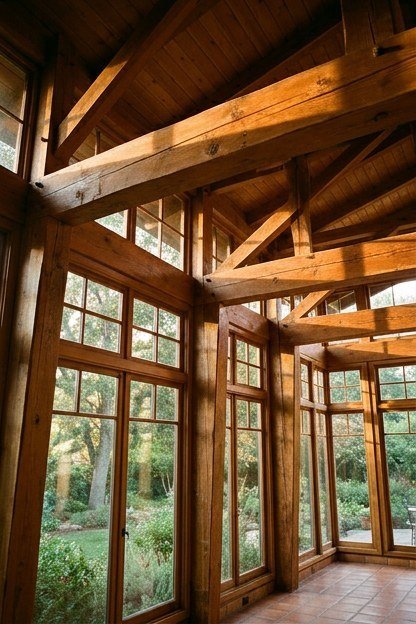 A craftsman style sunroom addition with exposed wood beams and tapered columns