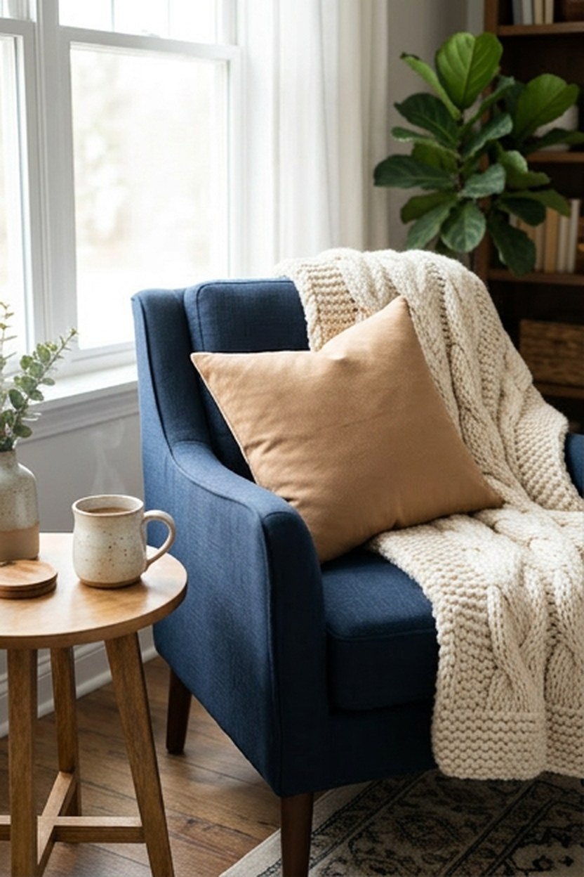 Cream and camel textiles layered against a navy reading nook backdrop