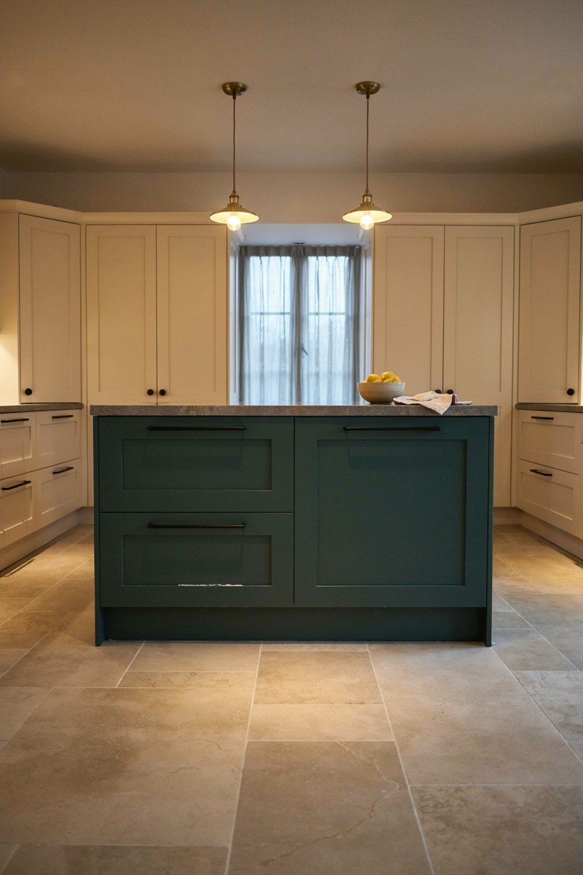 Cream kitchen with a dark green island and matching black hardware