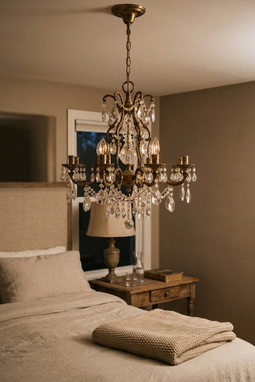 A crystal chandelier with a classic silhouette in a luxury bedroom