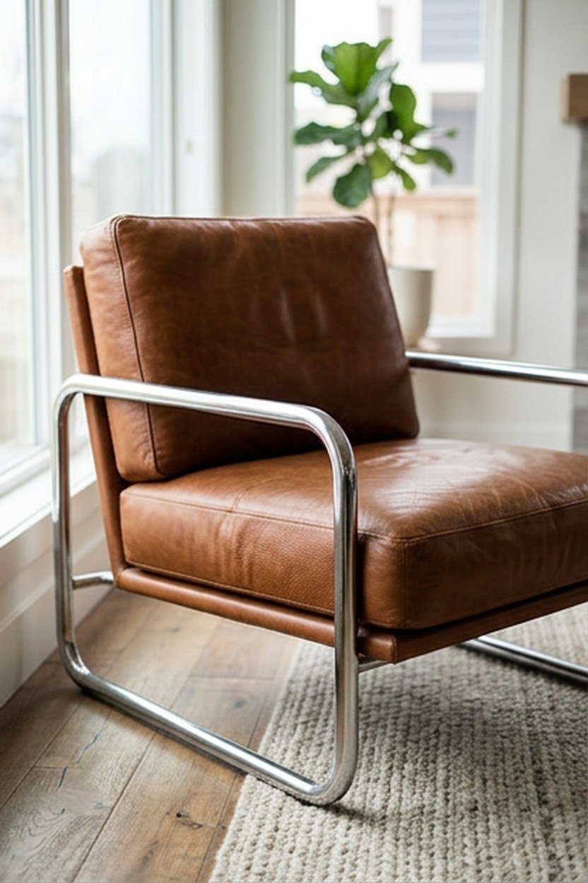 A boxy leather cushion lounge chair on a chrome tubular frame