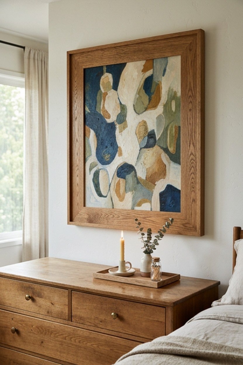 A curated framed art display above a dresser in a luxury bedroom
