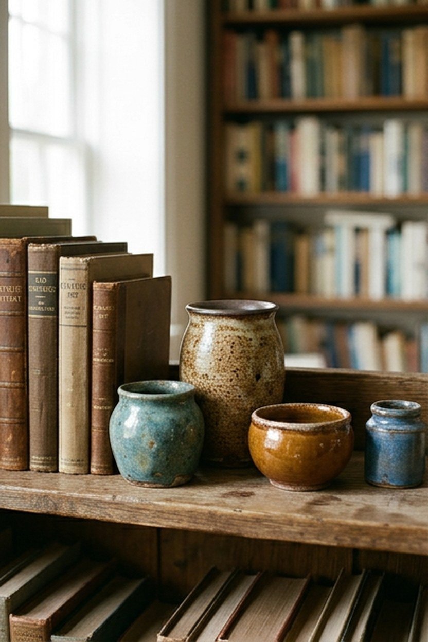 Curated vintage objects displayed on open library shelves