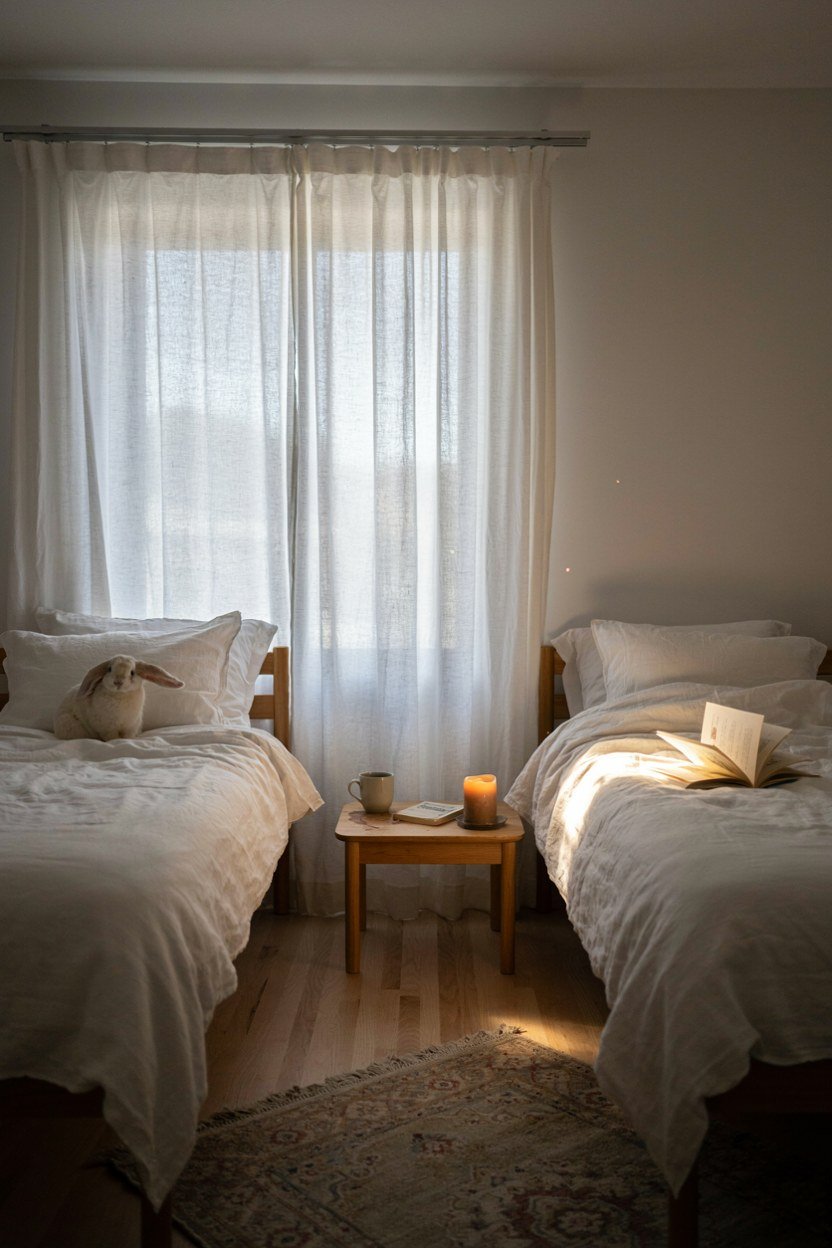 Ceiling track curtain drawn partly between two children's beds