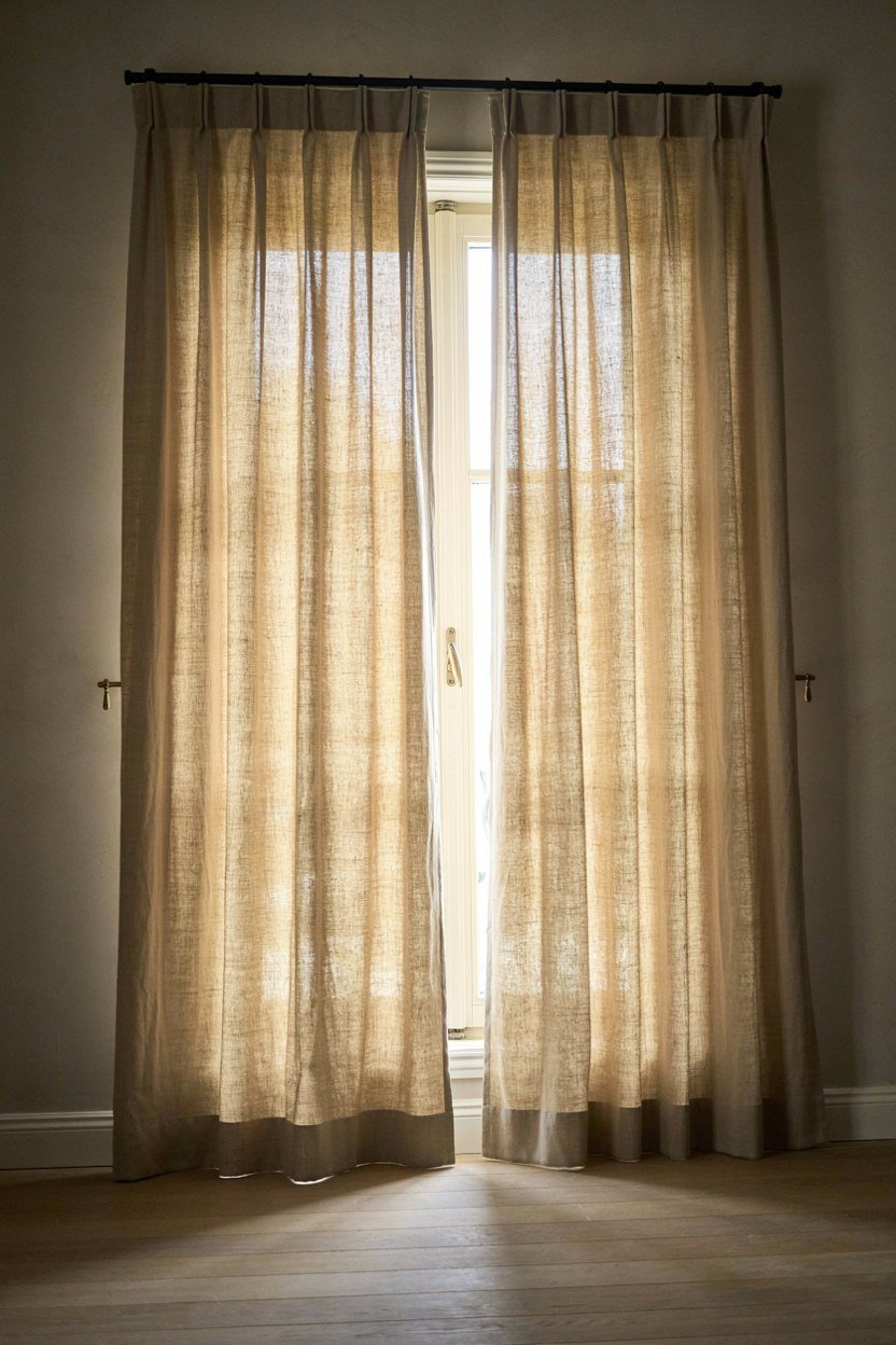 Floor length curtains hung close to the ceiling and wide of the reveal