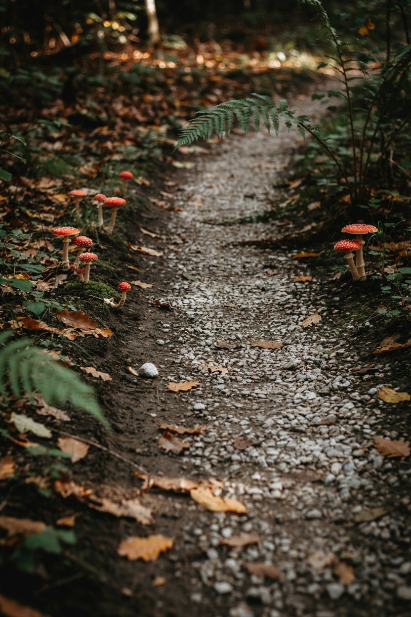 Narrow gravel path curving between toadstools and disappearing under a fern