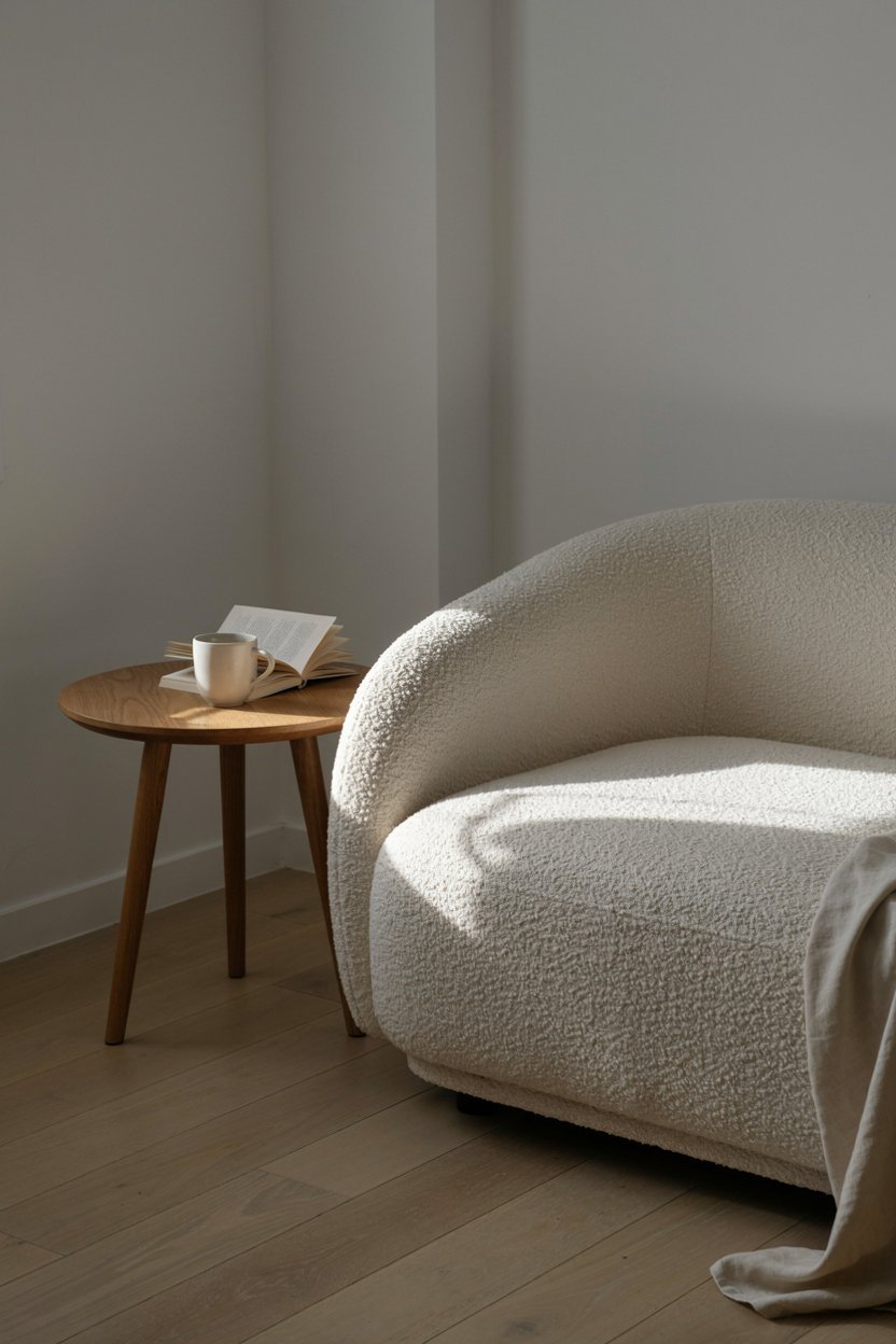 Curved cream sofa with a round side table in a small apartment living room