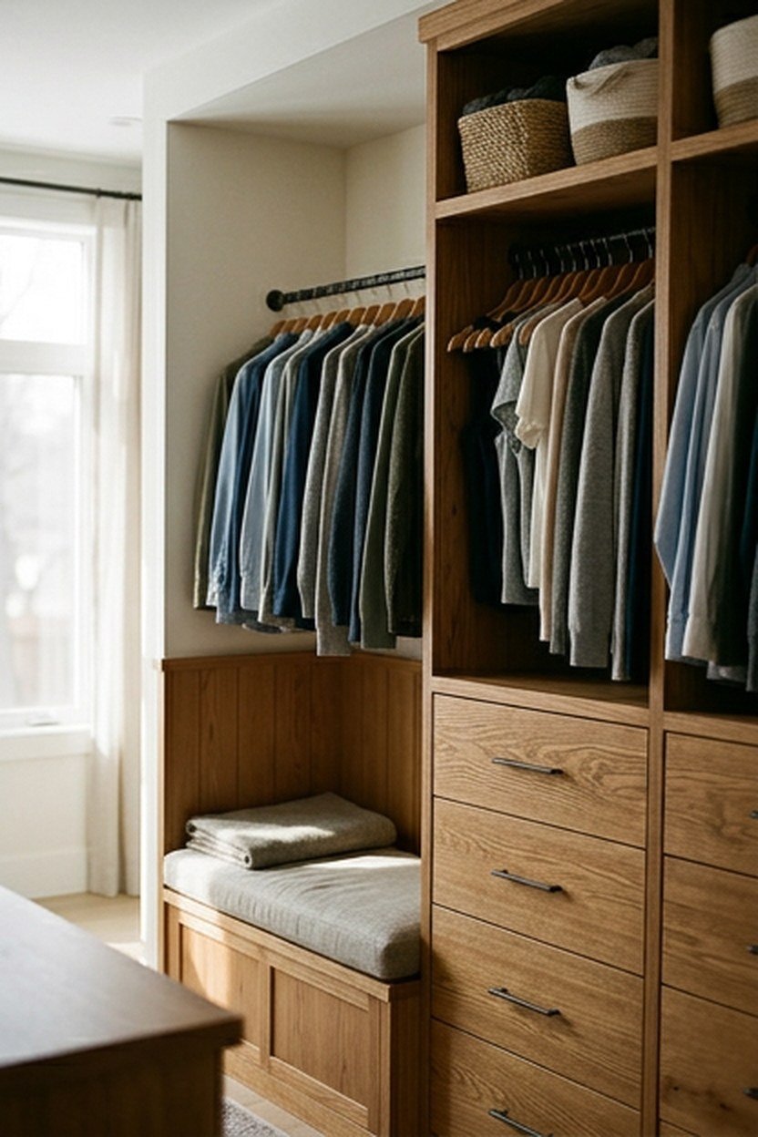 A custom built-in closet system in a dressing room