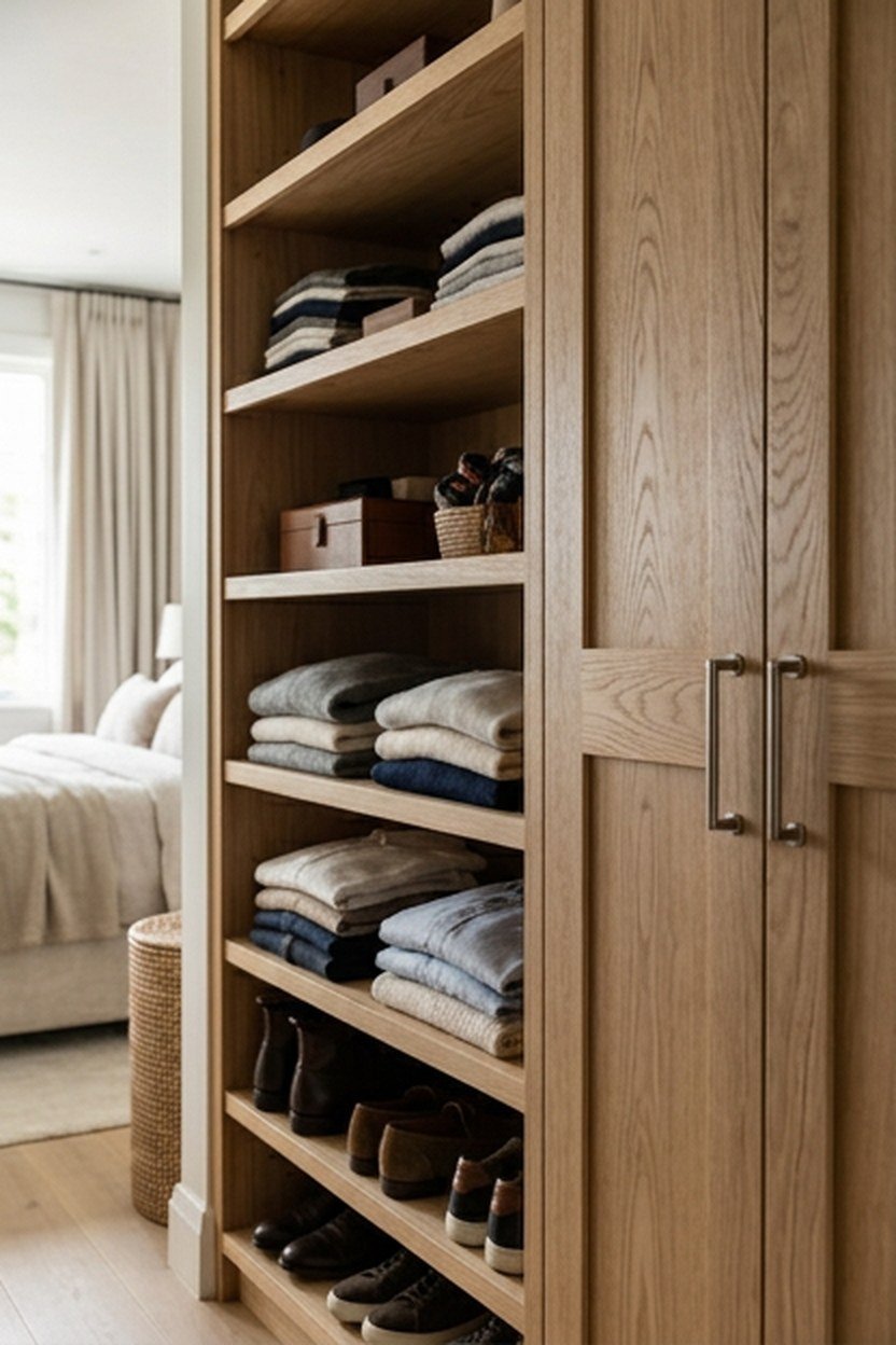 A custom closet wardrobe system in a modern luxury bedroom