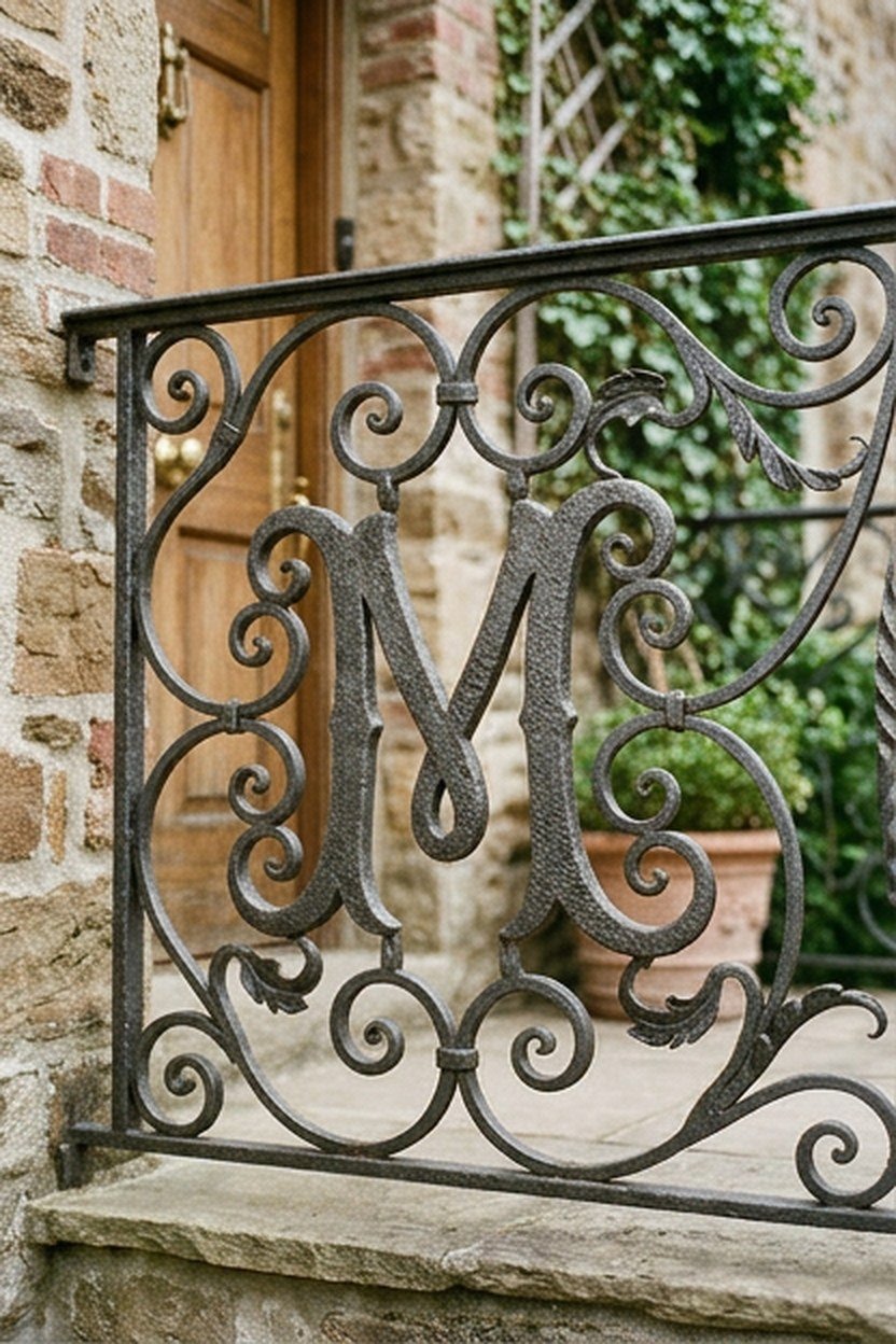A custom cast iron monogram panel integrated into a Victorian balcony grill