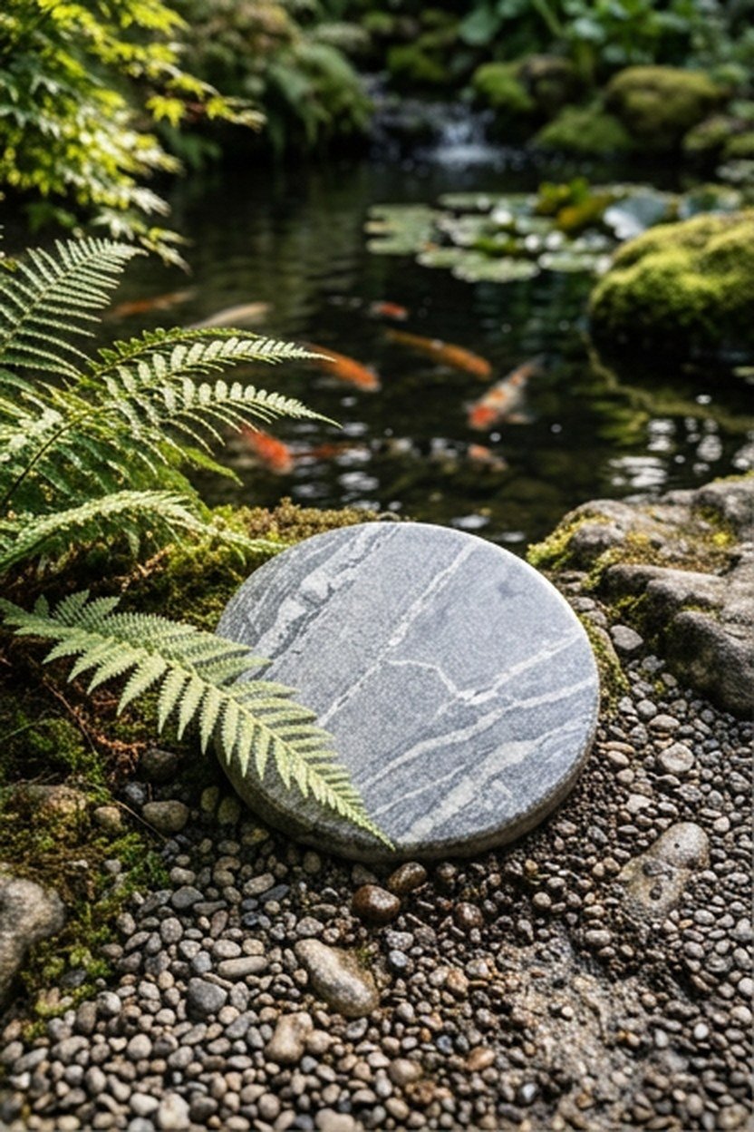 A custom stone nameplate set near the edge of a koi pond