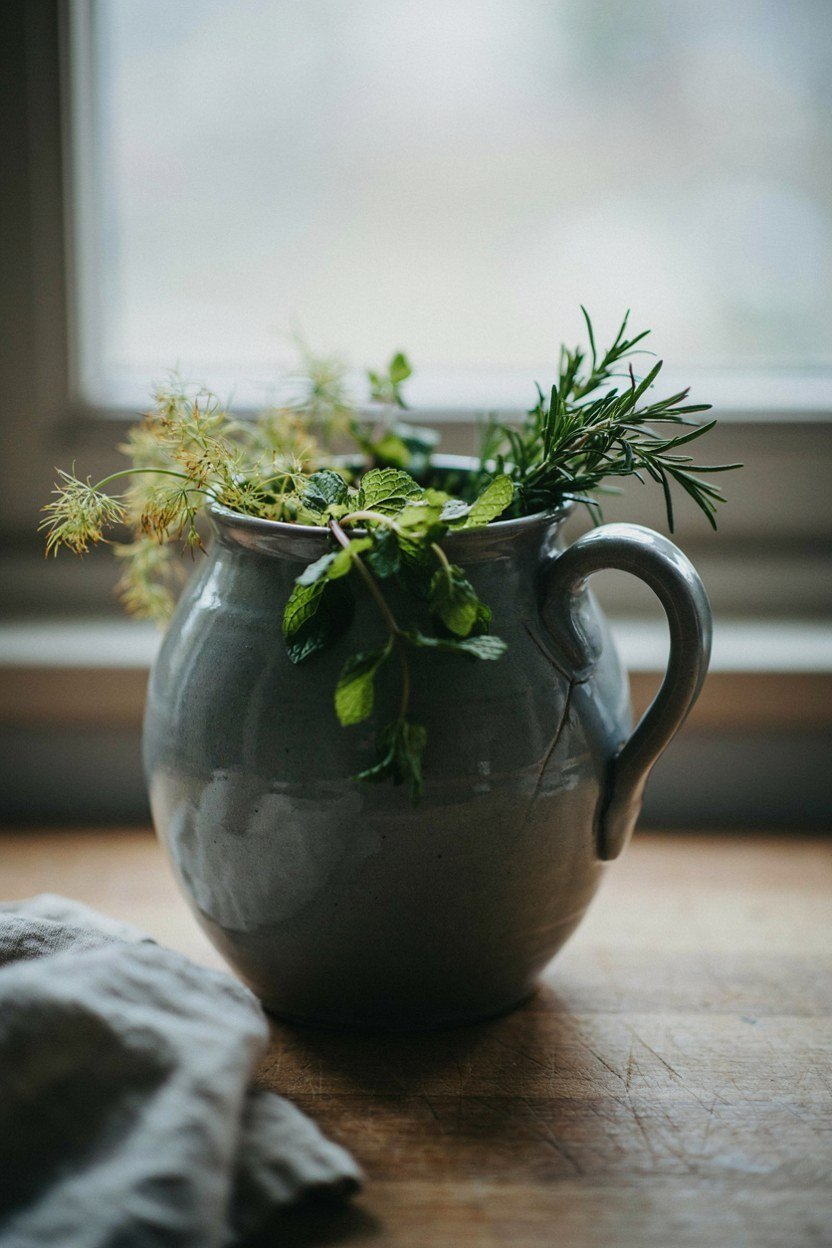 A stoneware jug of loosely cut rosemary and mint standing on a kitchen table