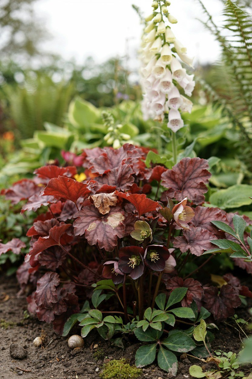 Burgundy heuchera and dark hellebores planted in a shaded border