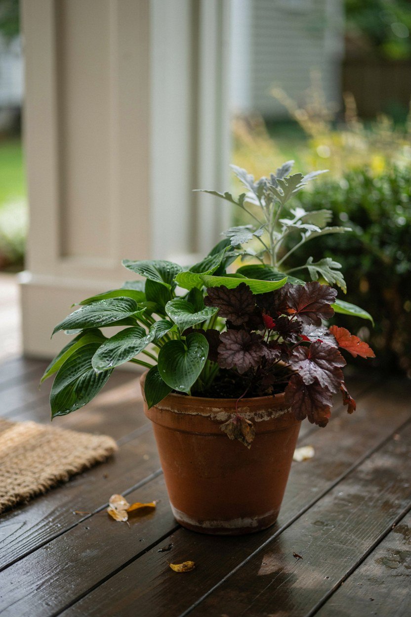 Deep green and burgundy porch planting with one silver plant
