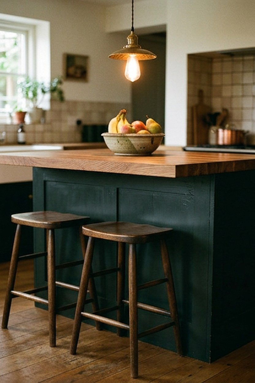 A dark green kitchen island base with a butcher block countertop