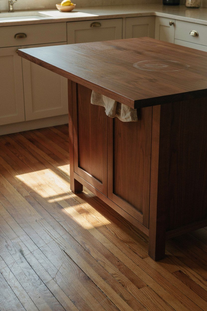 Dark walnut island set against pale painted kitchen cabinetry