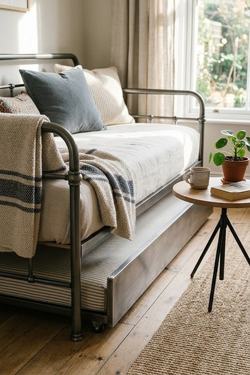 A daybed functioning as a sofa in a studio apartment