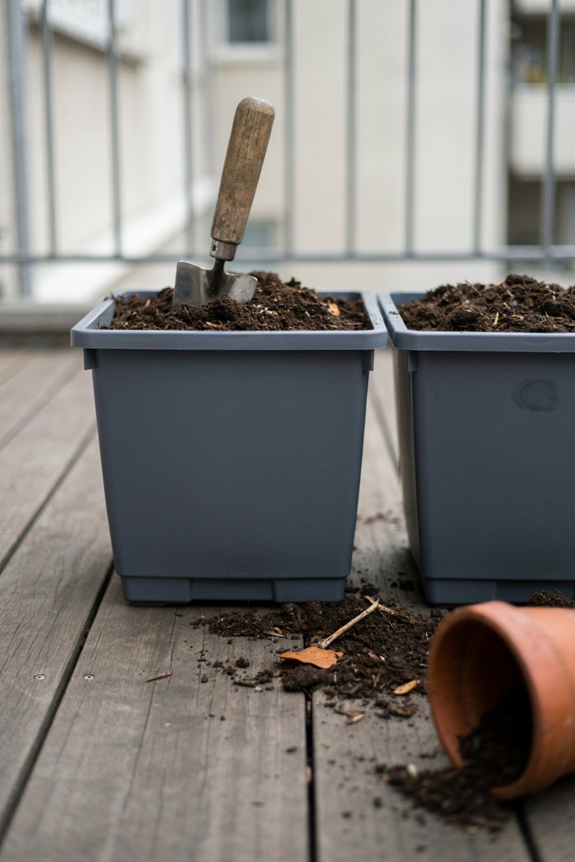 Deep containers being filled with compost on a balcony
