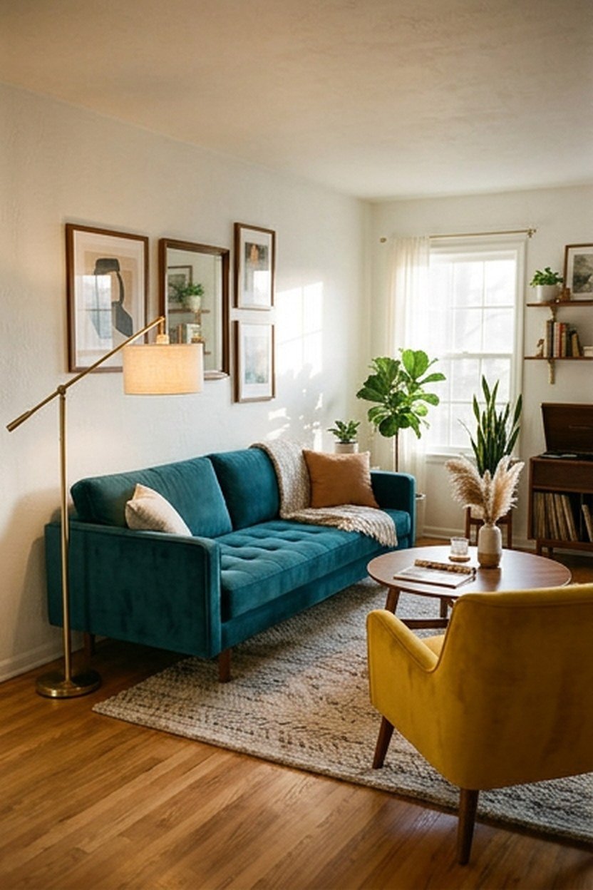 Deep teal sofa with a mustard armchair in a mid-century living room