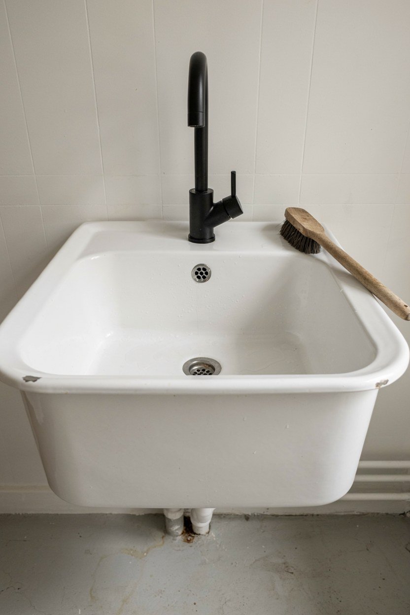 Deep utility sink with a tall mixer tap in a laundry nook